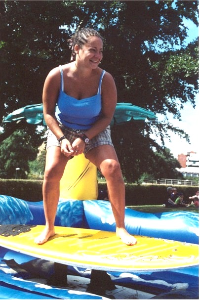 Mechanical surfboard in centre of inflatable bed