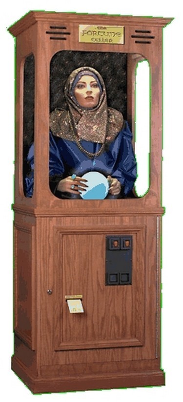 Listen to the fortune teller as your fortune card is dispensed.