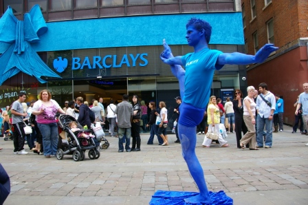 Brendan the Acrobat in action as Living Statue for Barclays Bank.