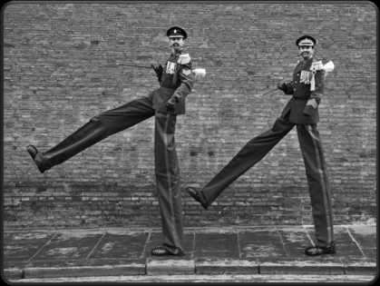 Entertaining interactive stilt walking double act